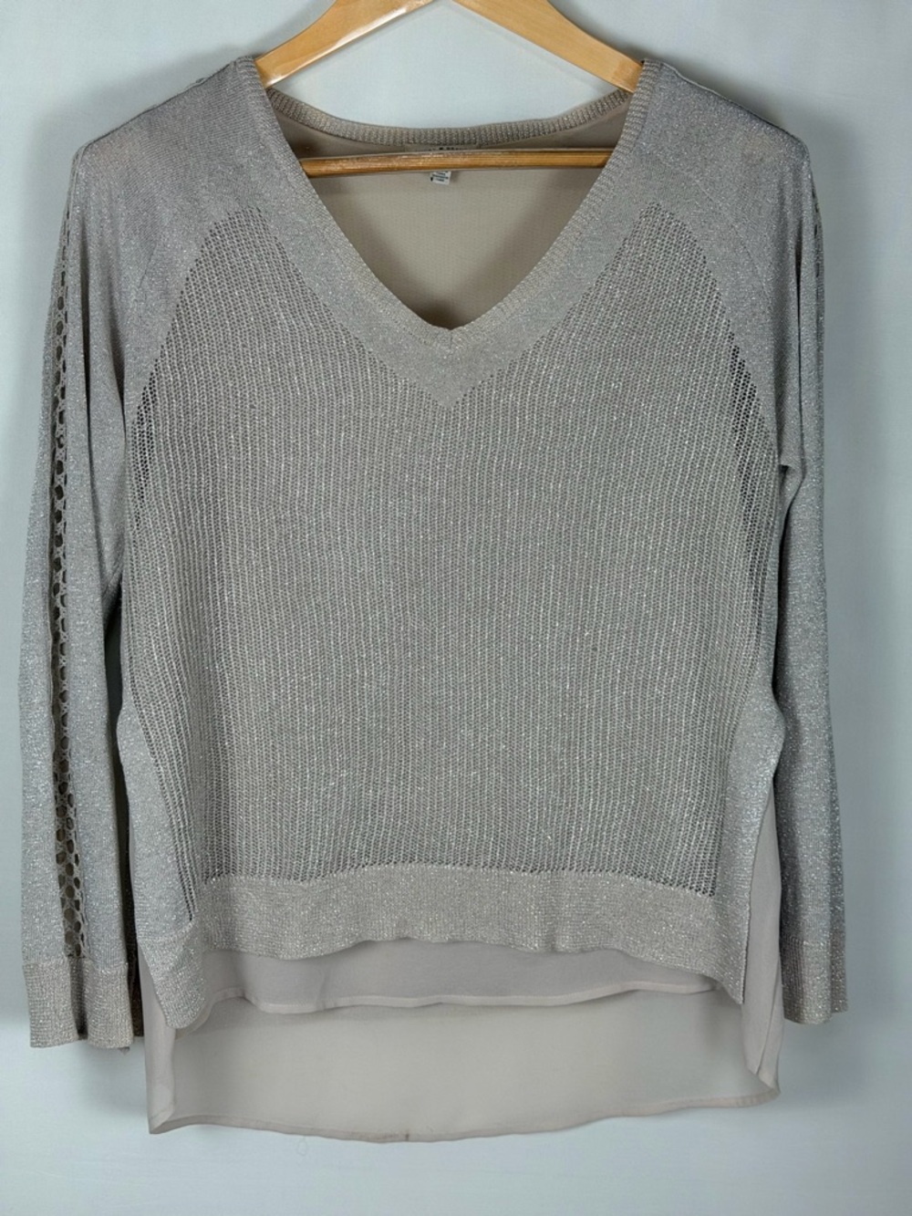 Lucky Brand Shimmer Knit Layered Top Lagenlook V Neck Sheer Metallic Size M